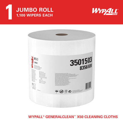 WypAll X50 Cloth Jumbo Roll - 1-Ply, White, 1100 Sheets/Roll, 1 Roll/Case