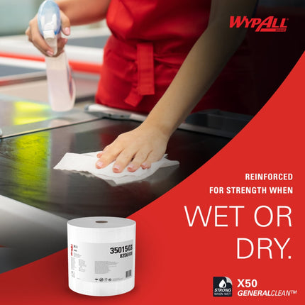 WypAll X50 Cloth Jumbo Roll - 1-Ply, White, 1100 Sheets/Roll, 1 Roll/Case