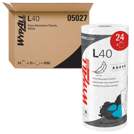 WypAll PowerClean L40 Extra Absorbent Towels (05027) - Small Roll, White, 70 Sheets/Roll, 24 Rolls/Case