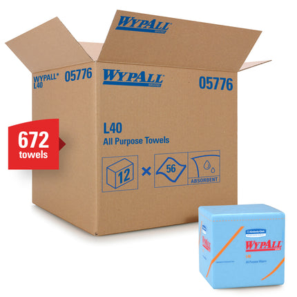 WypAll L40 Disposable Cleaning and Drying Towels - Blue, 56 Sheets/Pack, 12 Packs/Case