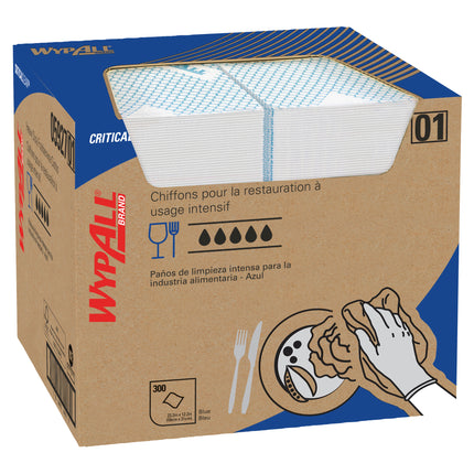 Lingettes WypAll CriticalClean haute capacité, robustes, pour la restauration - pliées en quatre, bleues, 300 feuilles/caisse