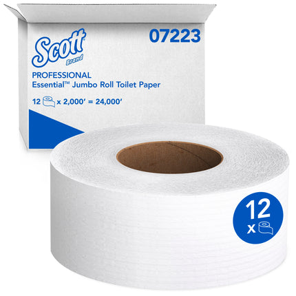 Scott Essential Jumbo Roll Toilet Paper - White, 1 Ply, 2000' Roll, 12 Rolls/Case