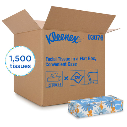 Kleenex Facial Tissue Flat Box - 2-Ply, White, 125 Sheets/Box, 12 Boxes/Case