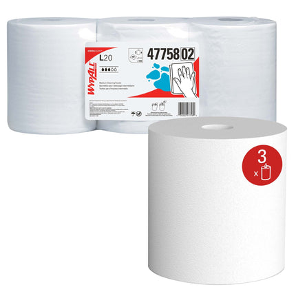 WypAll L20 Towel Center-Pull Roll - 2-Ply, White, 550 Sheets/Roll, 3 Rolls/Case