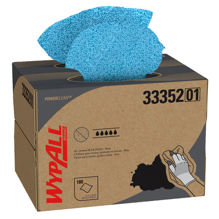 WypAll Oil, Grease & Ink Cloths (33352) - Brag Box, Lint-Free Towels, Blue, 180 Sheets/Box, 1 Box/Case