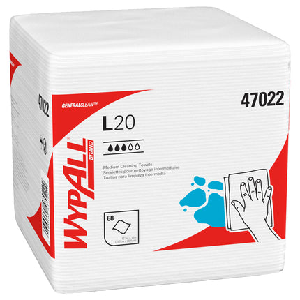 WypAll GeneralClean L20 Medium Cleaning Cloths (47022) - Quarterfold, White, 68 Sheets/Box, 12 Boxes/Case