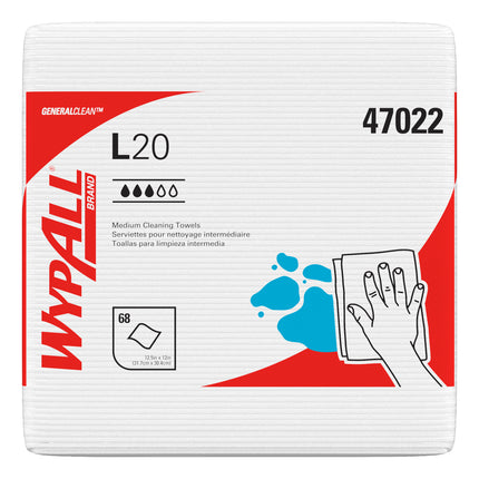 WypAll GeneralClean L20 Medium Cleaning Cloths (47022) - Quarterfold, White, 68 Sheets/Box, 12 Boxes/Case