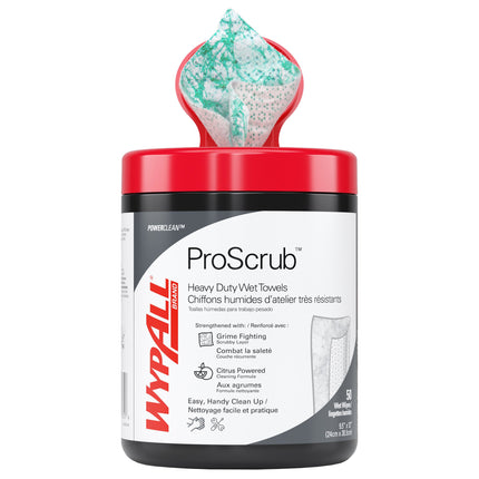 WypAll PowerClean ProScrub Heavy Duty Wet Towels (58310) - 9.5" x 12" Wipes, Canister Included , 50 Towels/Box, 8 Boxes/Case