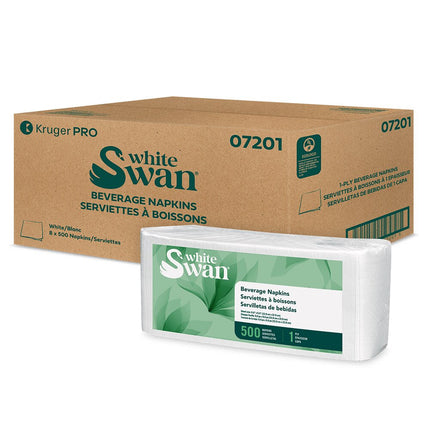 Kruger White Swan Beverage Napkin - White, 1-Ply, 4000/Case