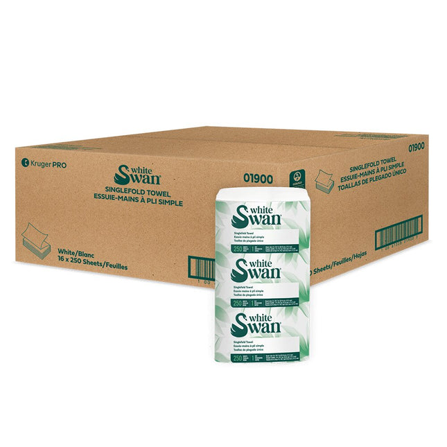 Kruger White Swan Singlefold Towel - 1 Ply, White, 250 Towels/Pack, 16 Packs/Case