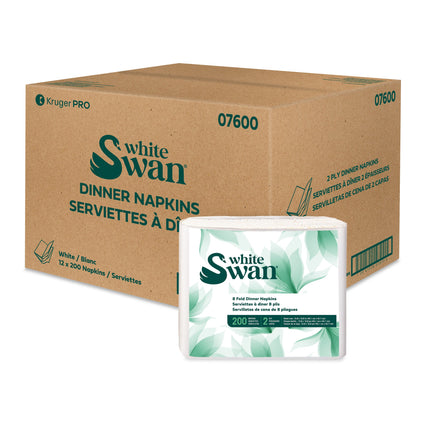 Kruger White Swan 2 Ply Dinner Napkins - 8 Fold, White, 200 Napkins/Pack, 16 Packs/Case