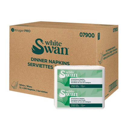Kruger White Swan 1-Ply Dinner Napkin - 8 Fold, White, 12/Case