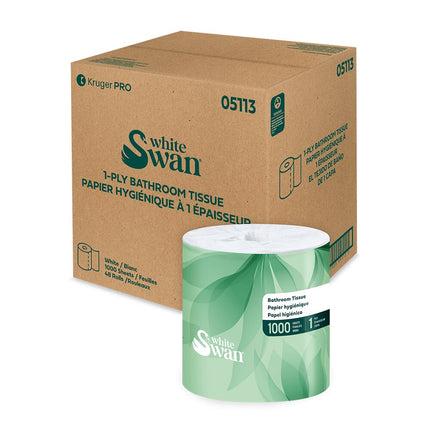 Kruger White Swan Bathroom Tissue - 1-Ply, 48 Rolls/Case, 1000 Sheets/Roll, Made in Canada
