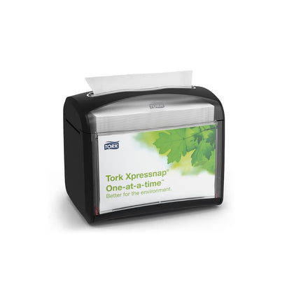Tork Xpressnap Tabletop Napkin Dispenser - AD-A-Glance Display, Durable Plastic, Black, Sold Individually