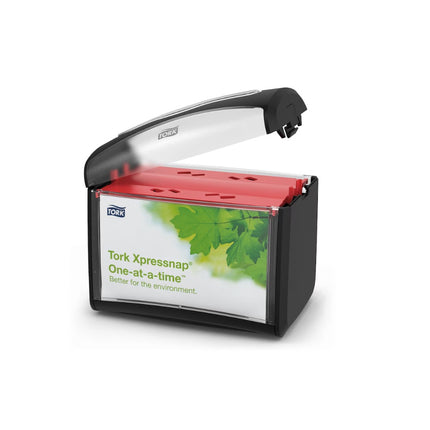 Tork Xpressnap Tabletop Napkin Dispenser - AD-A-Glance Display, Durable Plastic, Black, Sold Individually