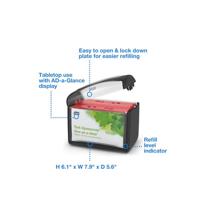 Tork Xpressnap Tabletop Napkin Dispenser - AD-A-Glance Display, Durable Plastic, Black, Sold Individually