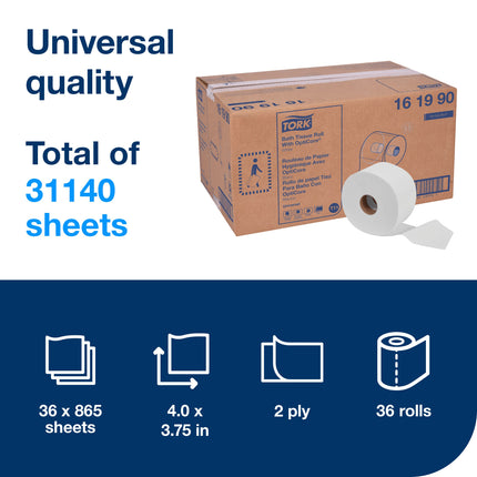 Tork Opticore Universal Bath Tissue Roll - 3.74", White, 2 Ply, 865 Sheets/Roll, 36/Case