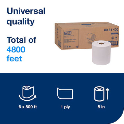 Tork Universal Roll Towels - 1-Ply, Natural White, 800'/Roll, 6 Rolls/Case