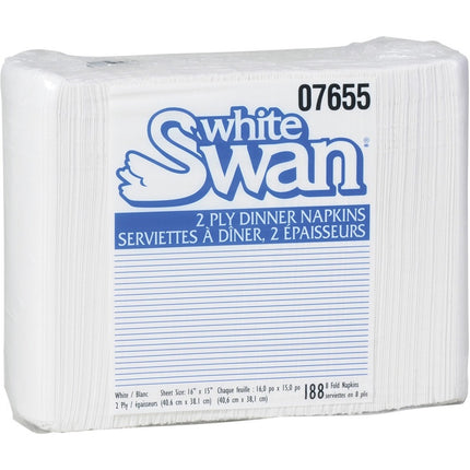 Serviettes de table 2 plis White Swan - 8 plis, blanches, 188 feuilles/paquet, 16 paquets/caisse