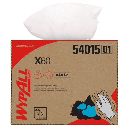 Lingettes de nettoyage multi-usages WypAll GeneralClean X60 - Boîte Brag, lingettes solides et absorbantes, blanches, 236 feuilles/boîte