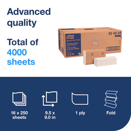 Essuie-mains Tork Advanced Multifold - 3 volets, 1 épaisseur, 250 serviettes/paquet, 16 paquets/caisse