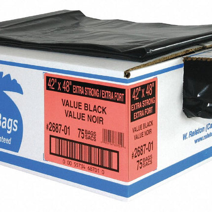Sacs poubelle recyclés ordinaires série Ralston 2600 - 42" x 48", noirs, 125 sacs/caisse