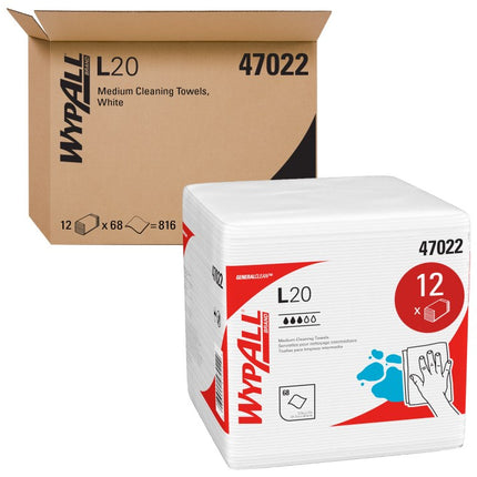 WypAll® GeneralClean® L20 Medium Cleaning Cloths (47022), Quarterfold, White, 68 Sheets/Box, 12 Boxes/Case, 816 Sheets/Case-B2B Discounters