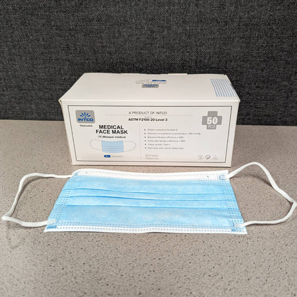 Masque facial - 3 épaisseurs, élastiques auriculaires, chirurgical, bleu, 50/boîte