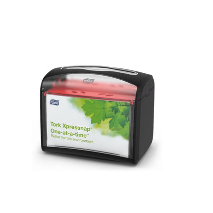 Tork Xpressnap Tabletop Napkin Dispenser - AD-A-Glance Display, Durable Plastic, Black, Sold Individually