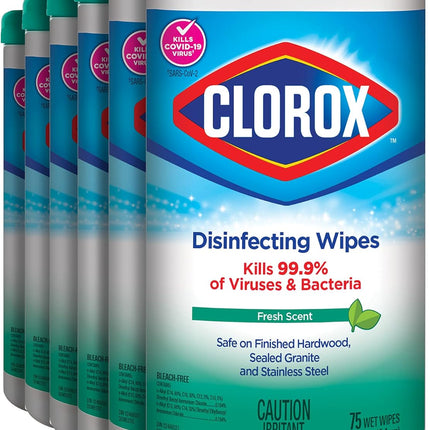 Clorox Disinfecting Wipes - Fresh Scent, White, 6 Bottles/Case, 75 Wipes/Bottle