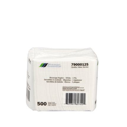 Premier Essential Beverage Napkin - White, 9.06" X 9.06", 1 Ply, 500/Pack, 8 Packs/Case