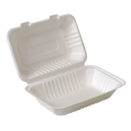 Eco-Packaging® Compostable 1-Compartment Sugarcane Clamshell Container, 9" X 6" X 3", White, 200/Case