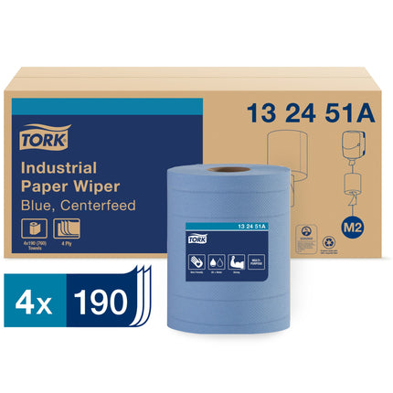 Essuie-mains Tork Industrial Centrefeed Advanced - 4 épaisseurs, bleu, 190 feuilles/rouleau, 4 rouleaux/caisse
