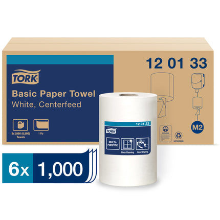 Serviette à main en rouleau à dévidage central Tork Advanced - 1 pli, blanche, 299,78 m/rouleau, 6 rouleaux/caisse