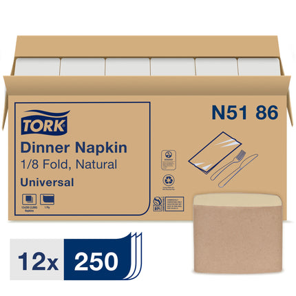Serviette de table Tork – 43,18 x 38,1 cm, 1 épaisseur, naturelle, papier, 250/paquet, 12 paquets/caisse