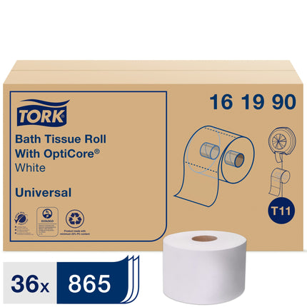 Tork Universal Bath Tissue Roll with OptiCore - 2-Ply, 100% Recycled, 865 Sheets/Roll, 36 Rolls/Case
