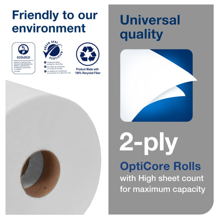 Tork Universal Bath Tissue Roll with OptiCore - 2-Ply, 100% Recycled, 865 Sheets/Roll, 36 Rolls/Case
