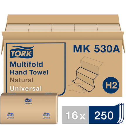 Serviettes à main multi-plis universelles Tork - Naturel, 1 épaisseur, 250 feuilles/paquet, 16 paquets/caisse