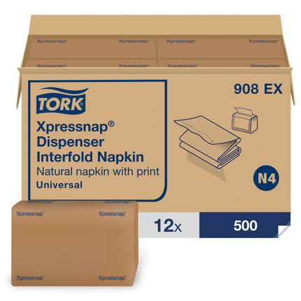 Serviettes de distributeur Tork Universal Xpressnap à impression environnementale - Naturelles, 500 serviettes/paquet, 12 paquets/caisse