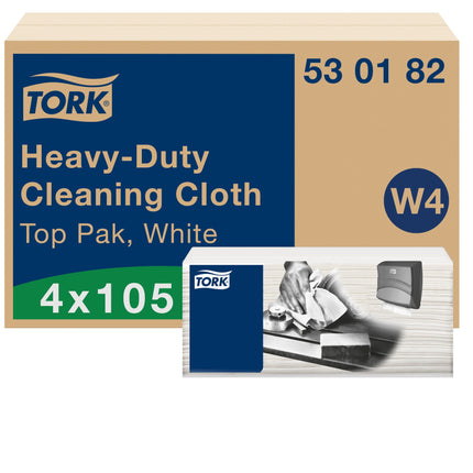 Tork Heavy duty Cleaning Cloth - 14" X 16.34", 1 Ply, White, 105/Box, 4 Boxes/Case