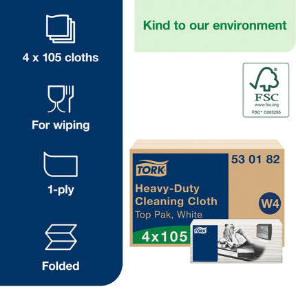 Tork Heavy duty Cleaning Cloth - 14" X 16.34", 1 Ply, White, 105/Box, 4 Boxes/Case