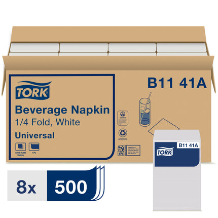 Tork Beverage Napkin - 1ply White, 500/Box, 8 Boxes/Case