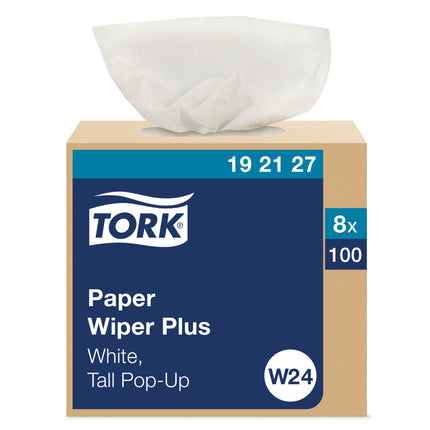 Tork Paper Wiper Plus In Pop-Up Box - 1 Ply, White, 100 Wipers/Box, 8 Boxes/Case