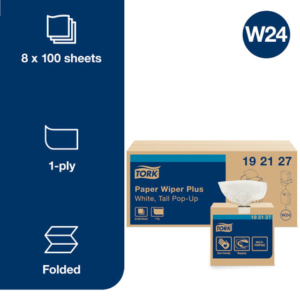 Tork Paper Wiper Plus In Pop-Up Box - 1 Ply, White, 100 Wipers/Box, 8 Boxes/Case