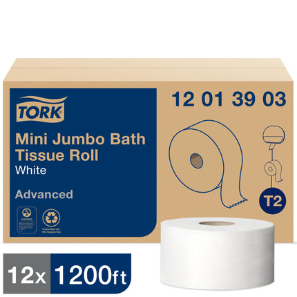 Rouleau de papier toilette Tork Advanced Mini Jumbo – 1 épaisseur, blanc, 365,76 m/rouleau, 12 rouleaux/caisse