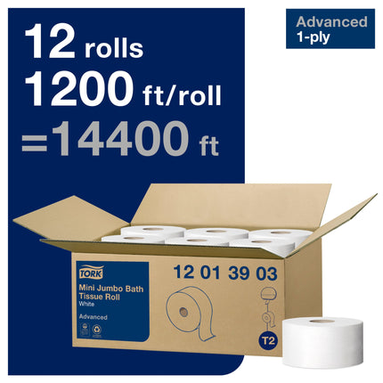 Rouleau de papier toilette Tork Advanced Mini Jumbo – 1 épaisseur, blanc, 365,76 m/rouleau, 12 rouleaux/caisse