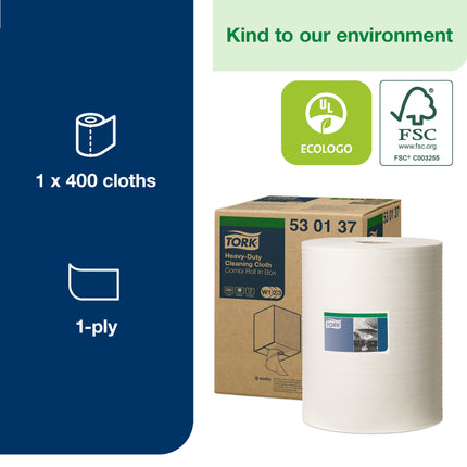 Tork Heavy-Duty Cleaning Cloth Centrefeed Pull - 1-Ply, White, 4000 Sheets/Roll, 1 Roll/Case