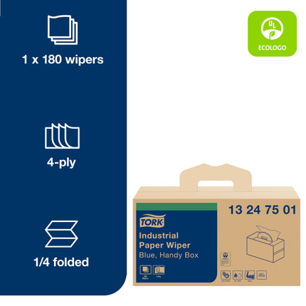 Tork Industrial Paper Wiper Handy-Box - 4-Ply, Blue, 180 Wipers/Box, 1 Box/Case